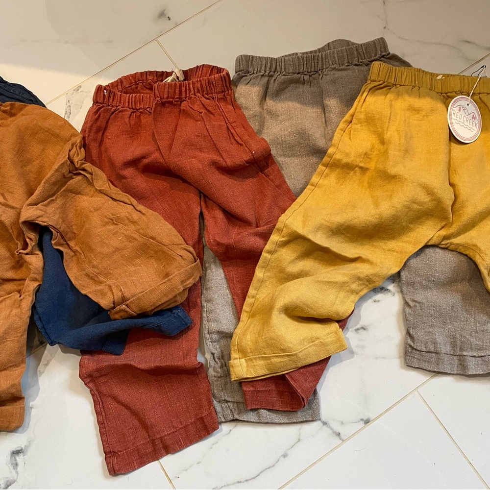 REDCREEK Kids 100% Linen Elastic Waist Pants - Mustard, Rust, Taupe